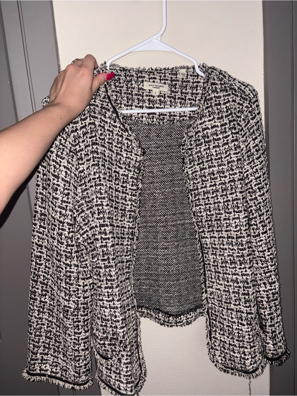 Max Studio Black and White Tweed Open-Front Cardigan/Relaxed Blazer